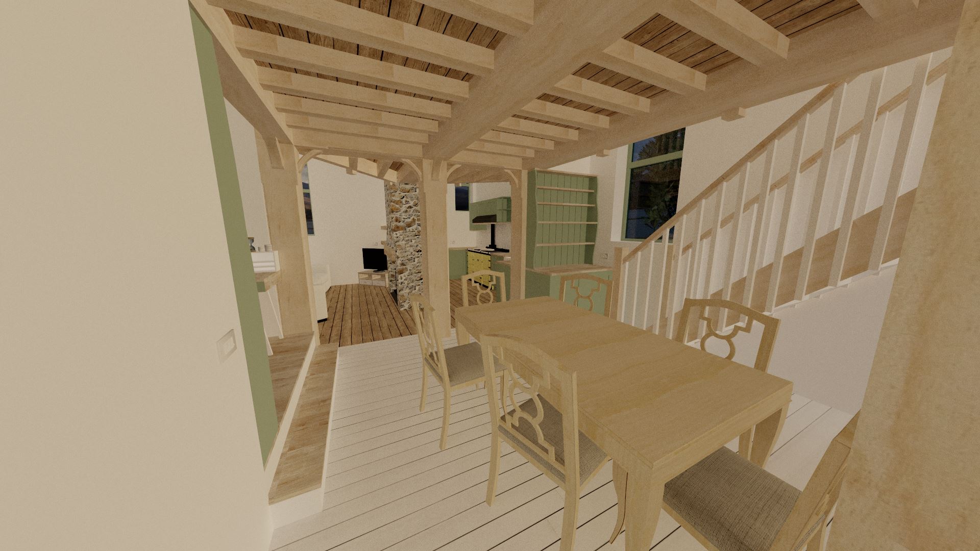 Looking from the back corridor to the dining room, we can see just how open plan the rest of the space is. The new oak frame is a stunning feature of this area.