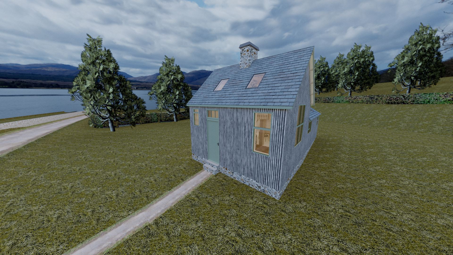 A 3/4 front view of the old school shows the minimal impact the two small skylights have. Usually you'd aim to avoid placing any new windows on the front elevation, however, almost all surrounding buildings have them.