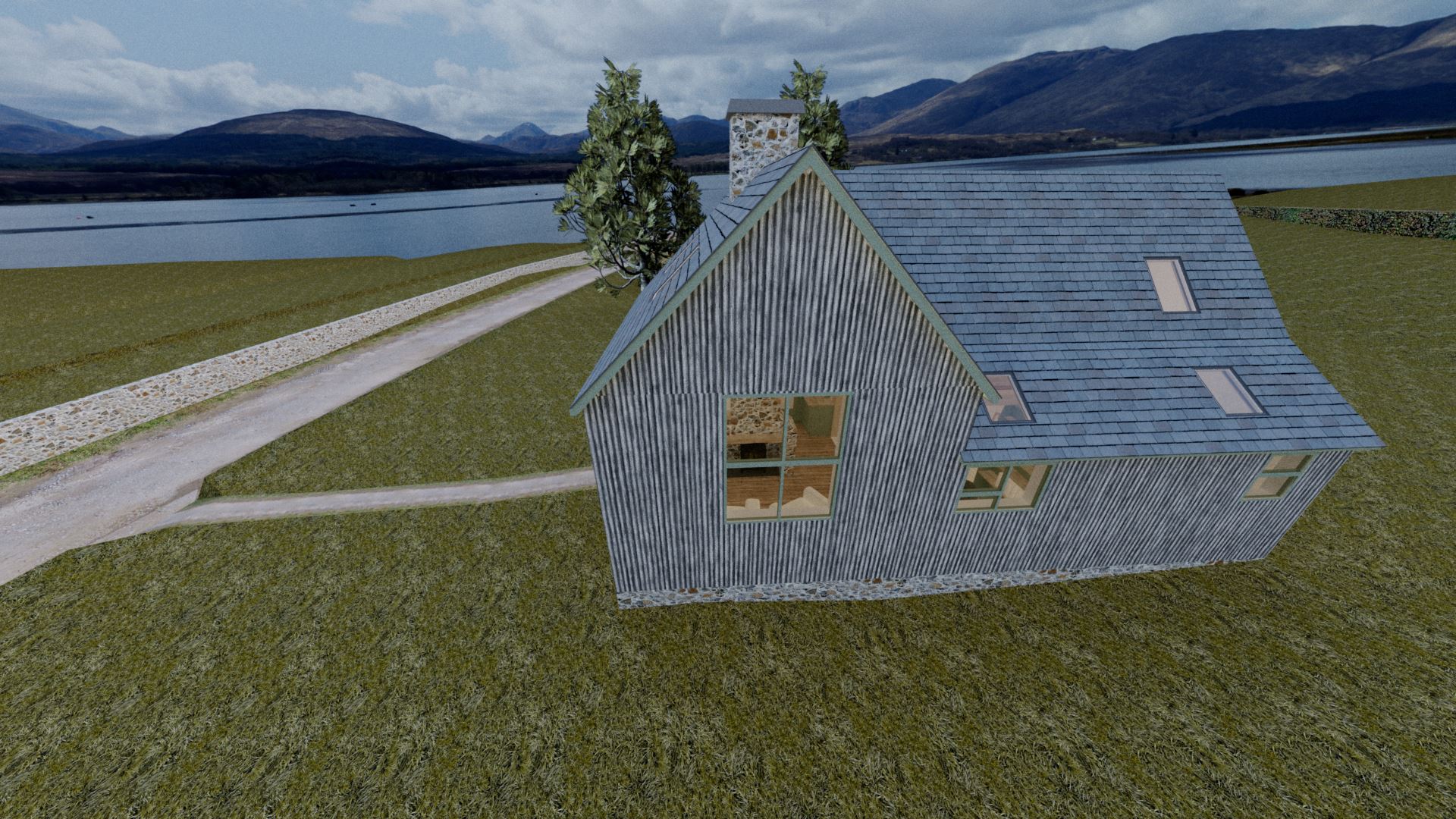 The existing four pane window gives a traditional look to the northern gable end. Note yet more skylights; the top giving light to the back door void.