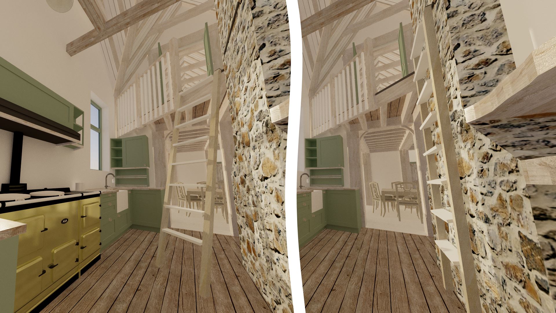 A montage showing the ladder to the mezzanine in place (left) and stowed against the chimney (right). In both cases, the ladder sits into an anchored metal U channel.