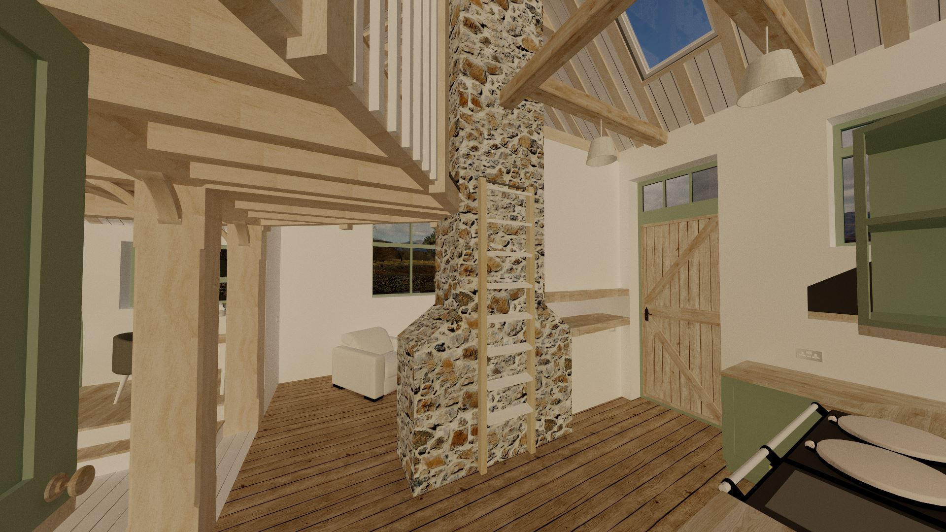The headroom under the mezannine may look low, but it's not! There's one thing for sure with this conversion; there will be plenty of natural light...