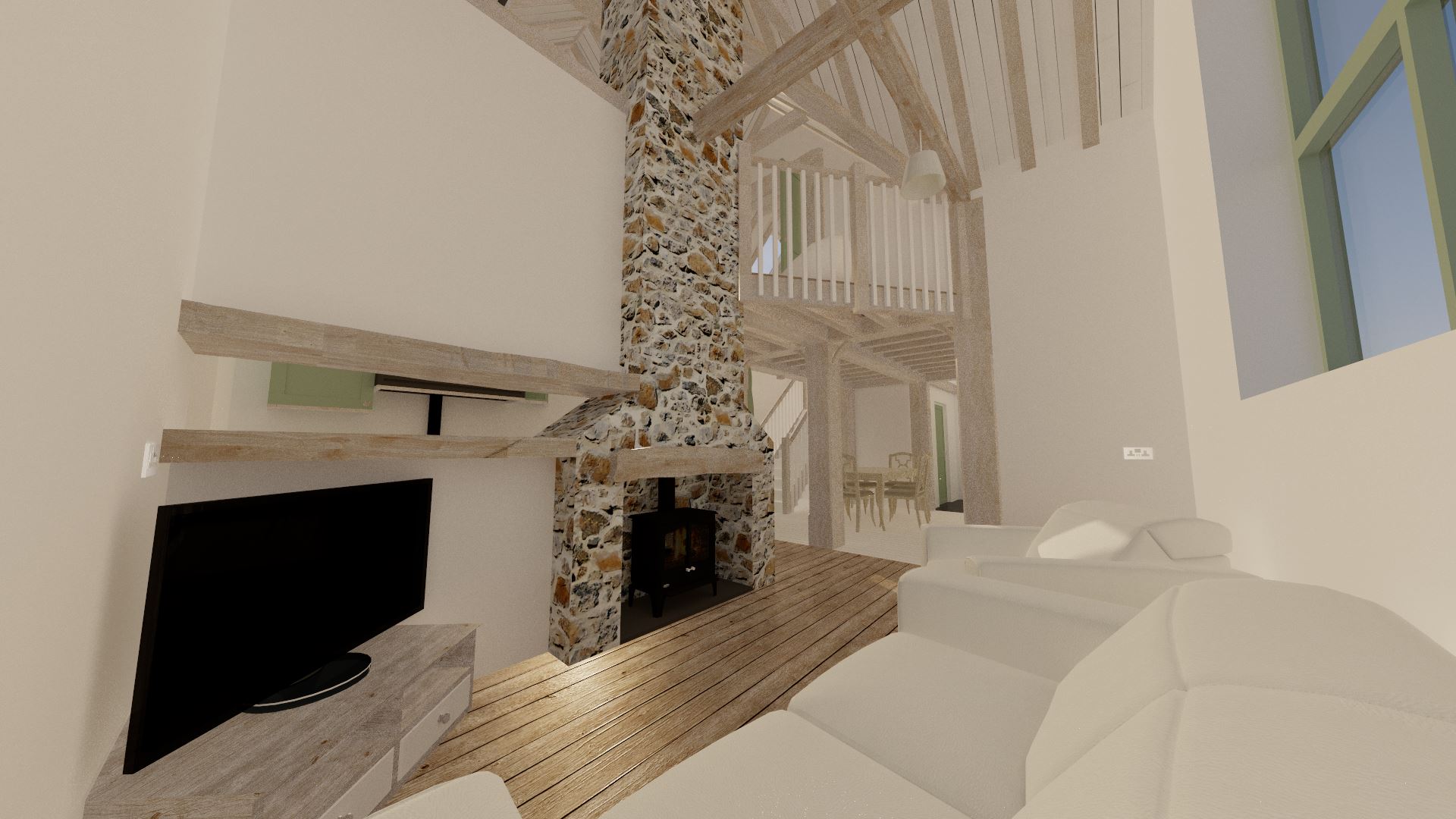 A general view of the lounge shows just how high the roof is! I've kept the fireplace open only to this side due to the ladder on the kitchen side. Note the mezzanine.