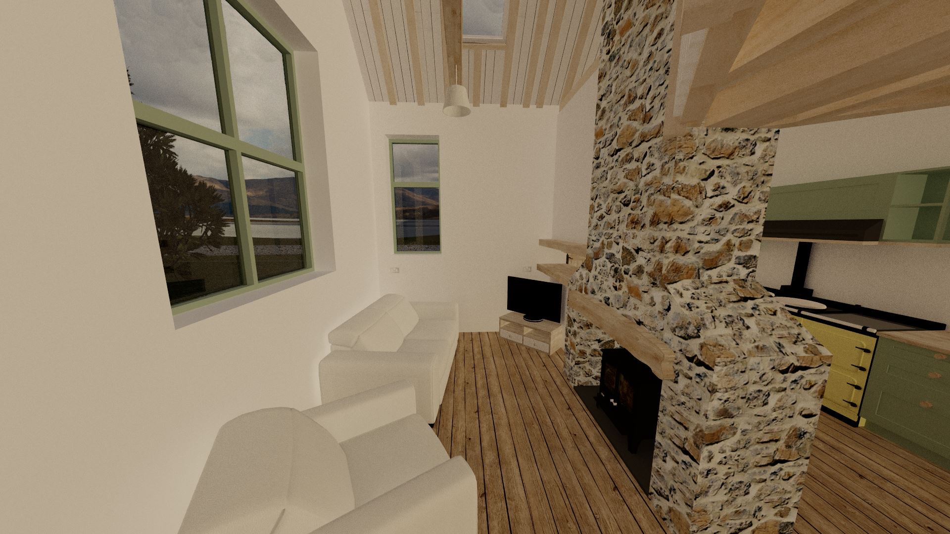 Whilst not visible sat down, the views out of the lounge windows are exceptional. If it wasn't for the fireplace, I would've raised the floor here to take full advantage of the view.