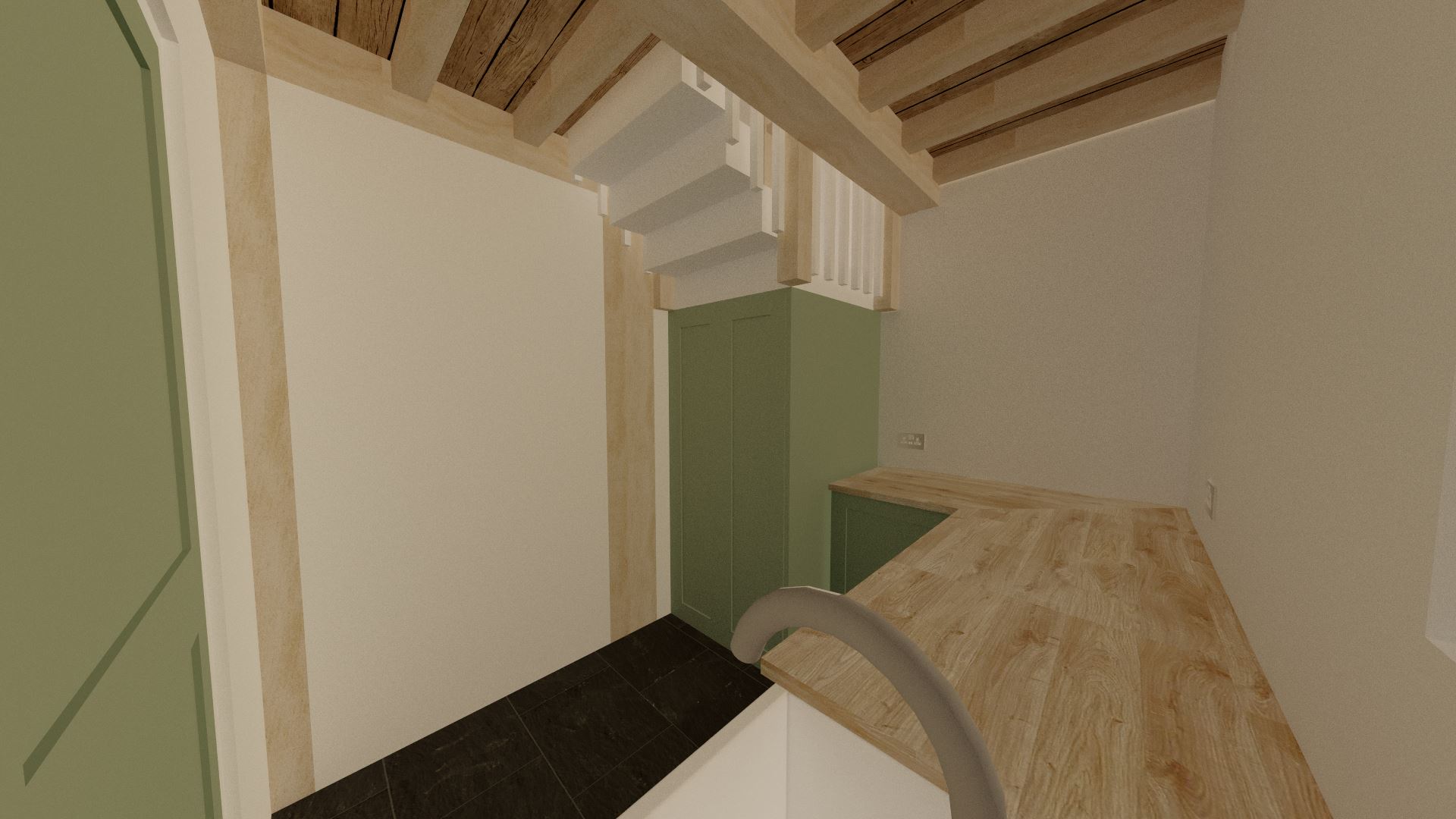 An alternate view of the utility room shows the cleaning cupboard under the stairs. The room is even big enough to set up an ironing board.