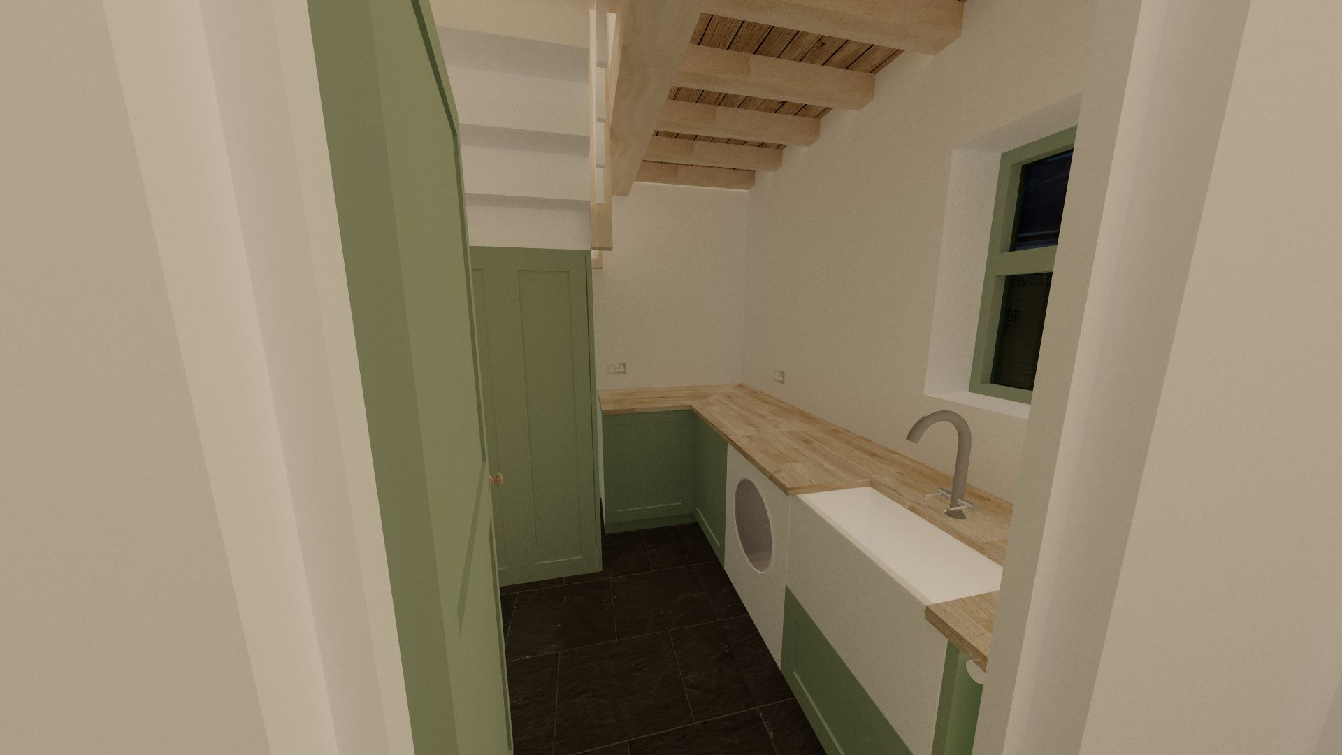 The door to the utility room is located in front of the back door. Looking into the utility room we can see the low height of the ceiling.