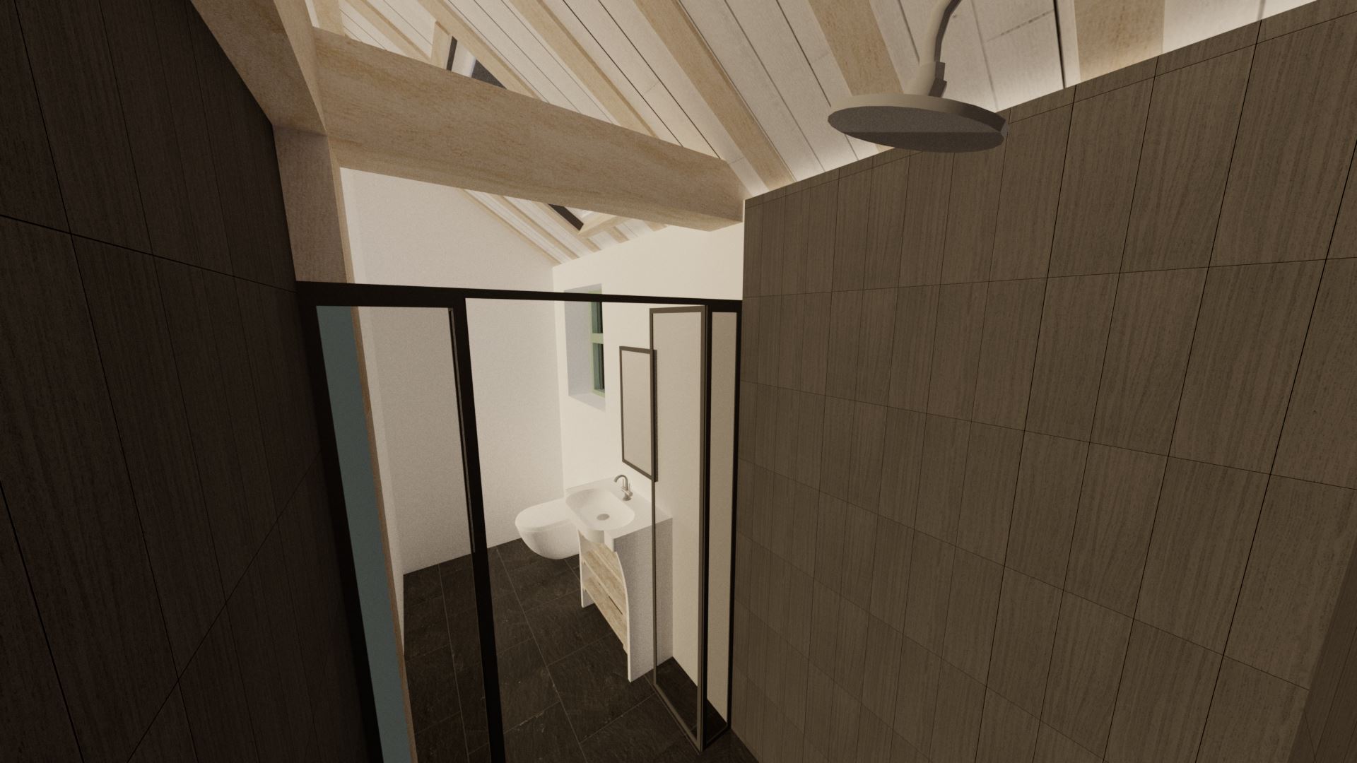 There may be no bath, but there is a large shower! The contrasting dark grey tiles on the shower walls and the wall hung toilet definitely scream 'modern'!