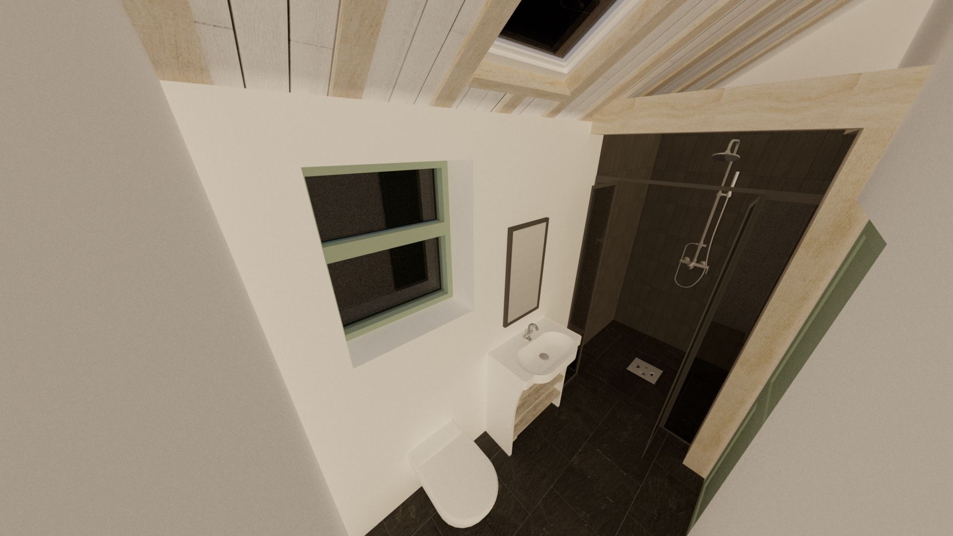 The wetroom may be in a modern style, but the exposed beams and rafters still add a much needed traditional aesthetic. Note the small skylight.